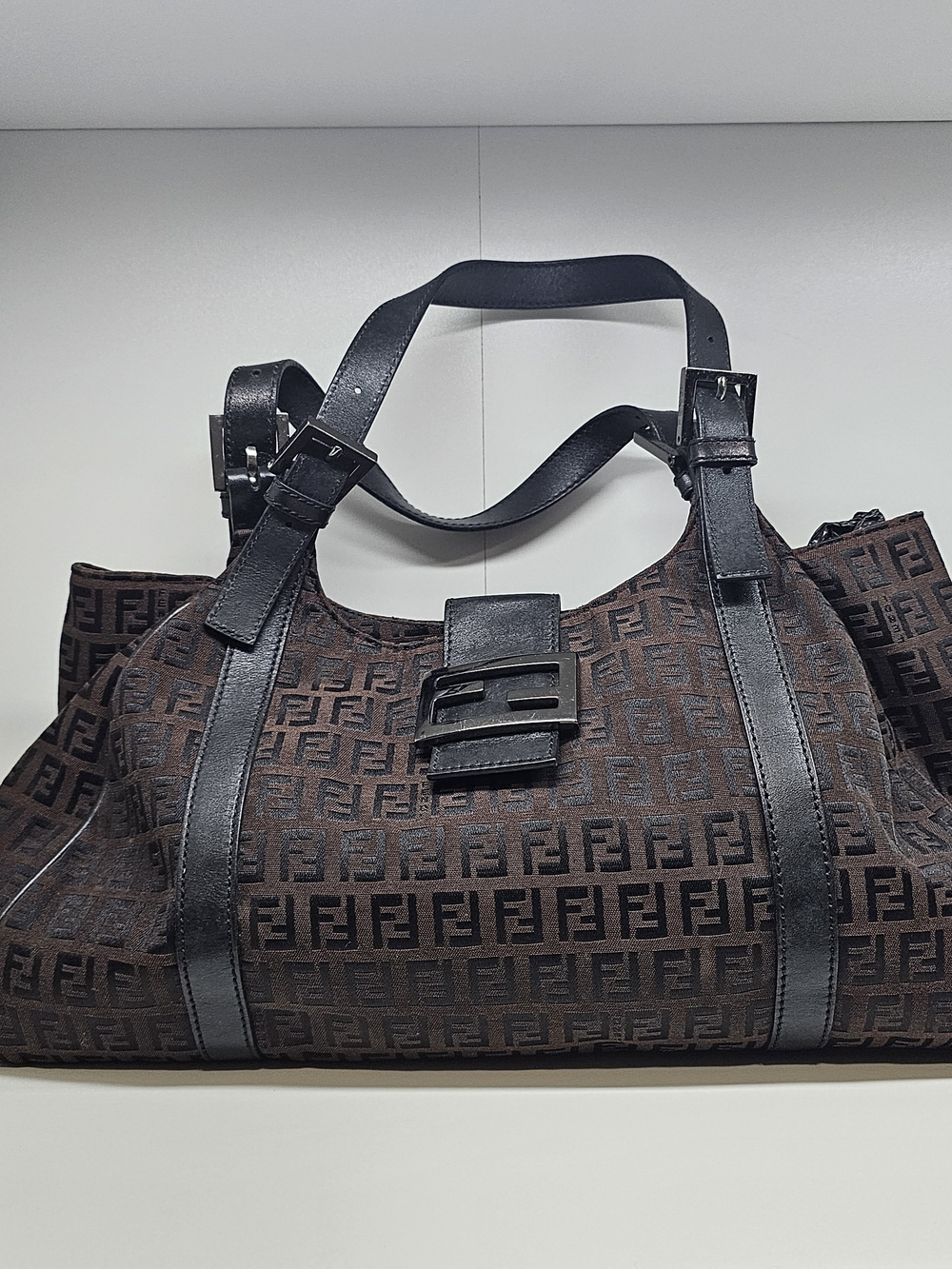 Fendi Zucca Monogram Canvas Shoulder Bag in Brown & Black